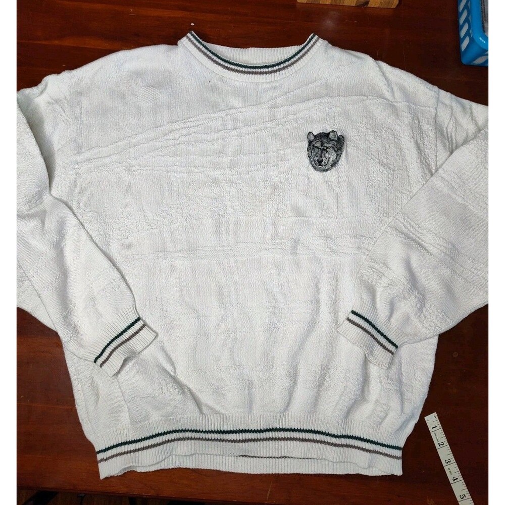 Vintage Northwest Territory Textured Sweater Size Xl White Cotton Wolf Nature